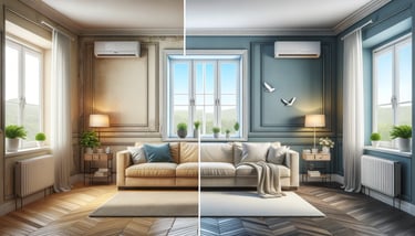 Interior Painting Before After | Manassas VA Transformation Before and after interior painting transformation in Manassas VA home - dated beige to modern blue-gray accent wall